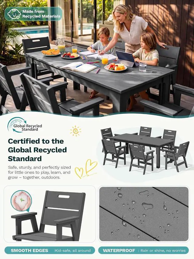 Alt view image 2 of 7 - 7 Piece HDPE Patio Dining Set, 76 Inch Outdoor Dining Table with 6 Chairs, All Weather Resistant Heavy Duty Outdoor Furniture with Umbrella Hole for Garden Backyard Deck, Gray
