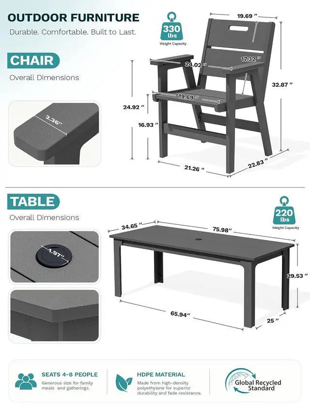 Alt view image 3 of 7 - 7 Piece HDPE Patio Dining Set, 76 Inch Outdoor Dining Table with 6 Chairs, All Weather Resistant Heavy Duty Outdoor Furniture with Umbrella Hole for Garden Backyard Deck, Gray