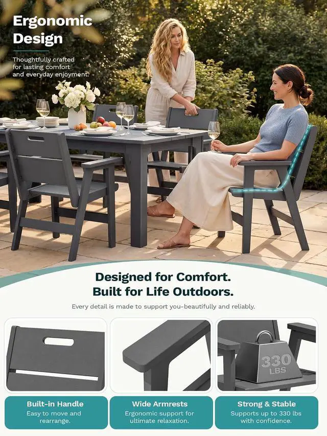 Alt view image 6 of 7 - 7 Piece HDPE Patio Dining Set, 76 Inch Outdoor Dining Table with 6 Chairs, All Weather Resistant Heavy Duty Outdoor Furniture with Umbrella Hole for Garden Backyard Deck, Gray
