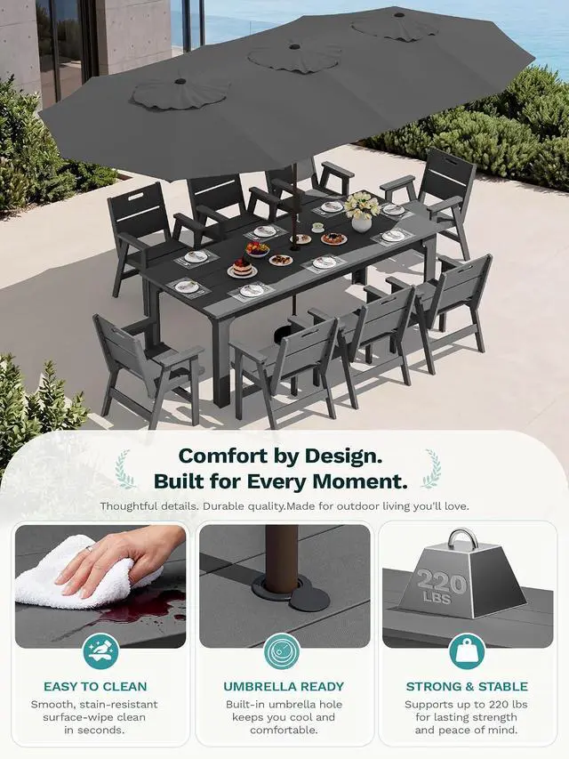 Alt view image 4 of 7 - 7 Piece HDPE Patio Dining Set, 76 Inch Outdoor Dining Table with 6 Chairs, All Weather Resistant Heavy Duty Outdoor Furniture with Umbrella Hole for Garden Backyard Deck, Gray