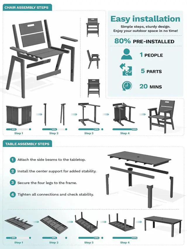 Alt view image 5 of 7 - 7 Piece HDPE Patio Dining Set, 76 Inch Outdoor Dining Table with 6 Chairs, All Weather Resistant Heavy Duty Outdoor Furniture with Umbrella Hole for Garden Backyard Deck, Gray