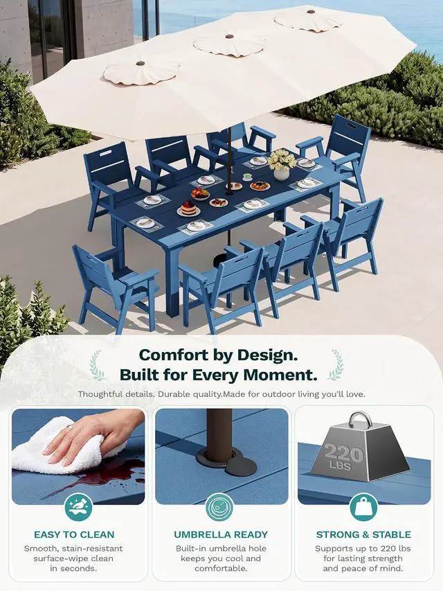 Alt view image 6 of 7 - 76" HDPE Outdoor Dining Set, 10 Pieces Patio Furniture with Rectangular Table, 8 Chairs & 1 Umbrella (Base Not Included), All-Weather Outdoor Dining Set for Backyard Deck Balcony, Blue
