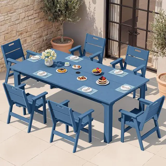 Main image of 76" HDPE Outdoor Dining Set for 6, 7 Pieces All-Weather Dining Set with Rectangular Dining Table and 6 Chairs, Water & Fade Resistant Outdoor Dining Set for Backyard, Deck, Balcony, Blue