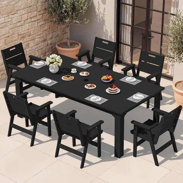 Main image of 7-Piece HDPE Outdoor Patio Dining Set, All-Weather 76" Rectangular Table with Umbrella Hole & 6 Arm Chairs, Weather Resistant Heavy Duty Outdoor Furniture for Backyard, Deck, Garden, Black
