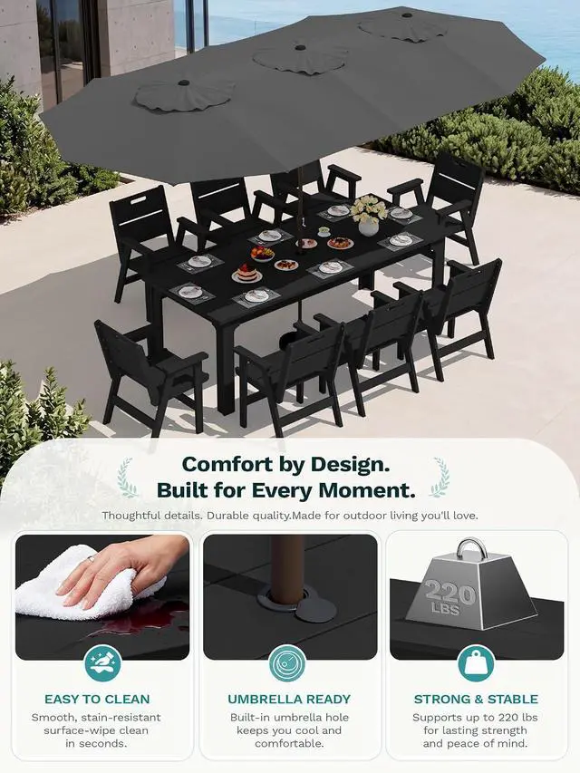 Alt view image 6 of 7 - 10-Piece Outdoor Patio Dining Set, 76" HDPE Table with 8 Chairs & 1 Umbrella (Base Excluded), All Weather Resistant Heavy Duty Outdoor Furniture for Backyard Deck Garden, Black