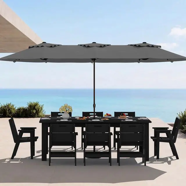 Main image of 10-Piece Outdoor Patio Dining Set, 76" HDPE Table with 8 Chairs & 1 Umbrella (Base Excluded), All Weather Resistant Heavy Duty Outdoor Furniture for Backyard Deck Garden, Black