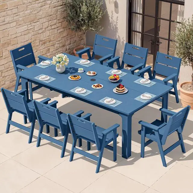 Main image of 9 Piece HDPE Patio Dining Set, Outdoor Dining Table with 8 Chairs, All Weather Resistant Heavy Duty Outdoor Furniture with Umbrella Hole for Garden Backyard Deck, Blue