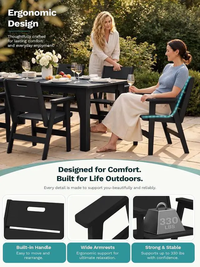 Alt view image 2 of 7 - 2-Pack HDPE Outdoor Patio Chairs, 19.69" Wide Ergonomic Dining Chairs, 330 LBS Heavy Duty All-Weather Arm Chairs for Backyard Deck Garden, Black