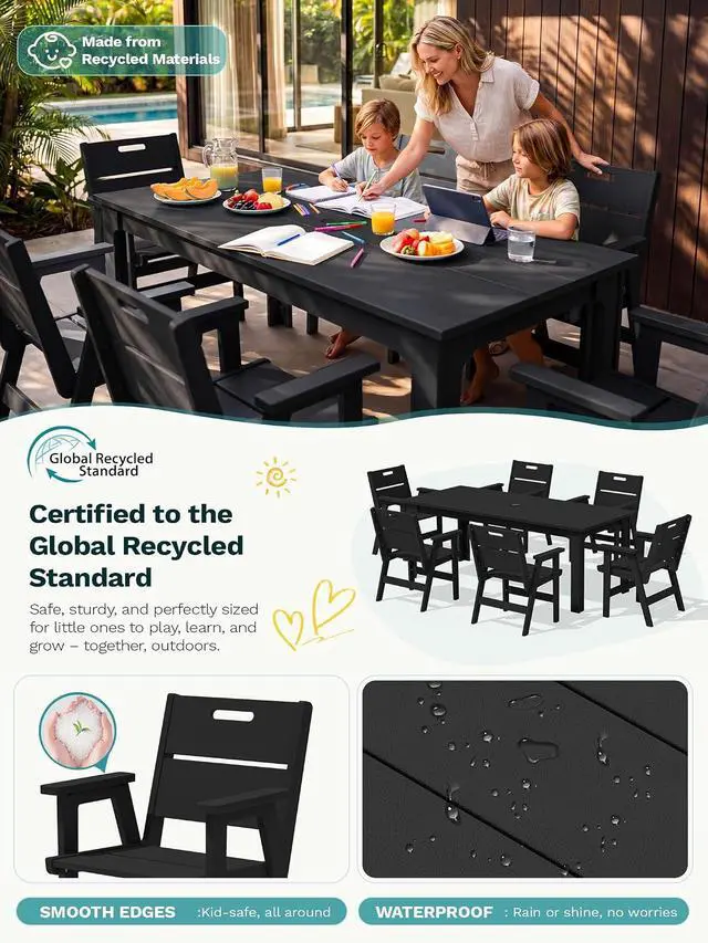 Alt view image 4 of 7 - 2-Pack HDPE Outdoor Patio Chairs, 19.69" Wide Ergonomic Dining Chairs, 330 LBS Heavy Duty All-Weather Arm Chairs for Backyard Deck Garden, Black