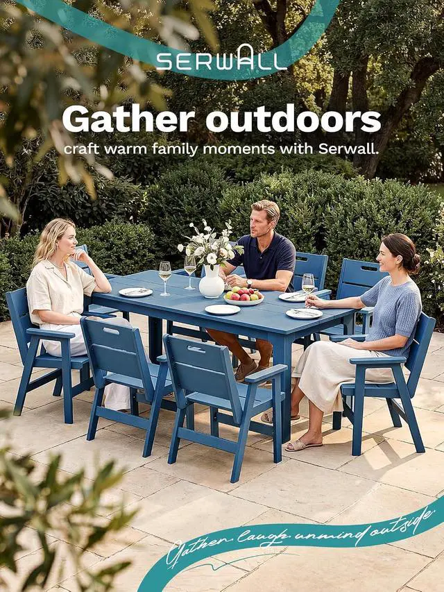 Alt view image 7 of 7 - 9 Piece HDPE Patio Dining Set, Outdoor Dining Table with 8 Chairs, All Weather Resistant Heavy Duty Outdoor Furniture with Umbrella Hole for Garden Backyard Deck, Blue