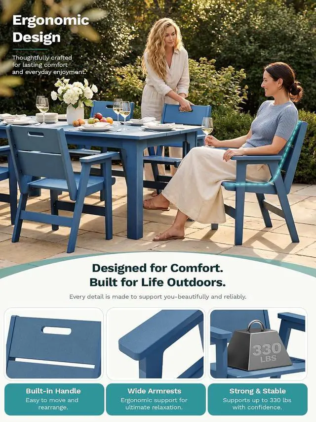 Alt view image 2 of 7 - 2-Pack HDPE Outdoor Patio Chairs, 19.69" Wide Ergonomic Dining Chairs, 330 LBS Heavy Duty All-Weather Arm Chairs for Backyard Deck Garden, Blue