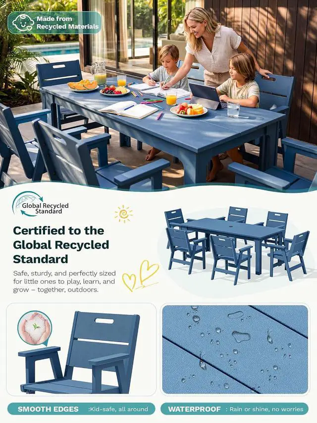 Alt view image 4 of 7 - 2-Pack HDPE Outdoor Patio Chairs, 19.69" Wide Ergonomic Dining Chairs, 330 LBS Heavy Duty All-Weather Arm Chairs for Backyard Deck Garden, Blue