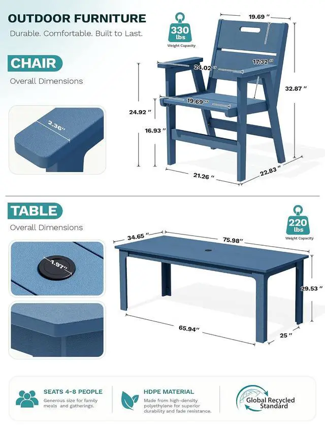 Alt view image 5 of 7 - 2-Pack HDPE Outdoor Patio Chairs, 19.69" Wide Ergonomic Dining Chairs, 330 LBS Heavy Duty All-Weather Arm Chairs for Backyard Deck Garden, Blue