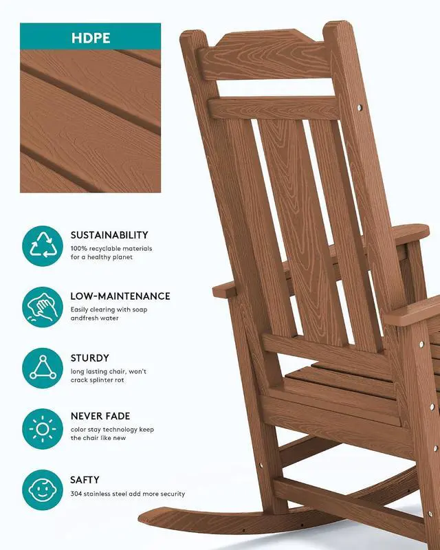 Alt view image 5 of 7 - Outdoor Rocking Chair Set of 6, Patio Rocking Chair Sets, HDPE Rocking Chair for Adults, Brown