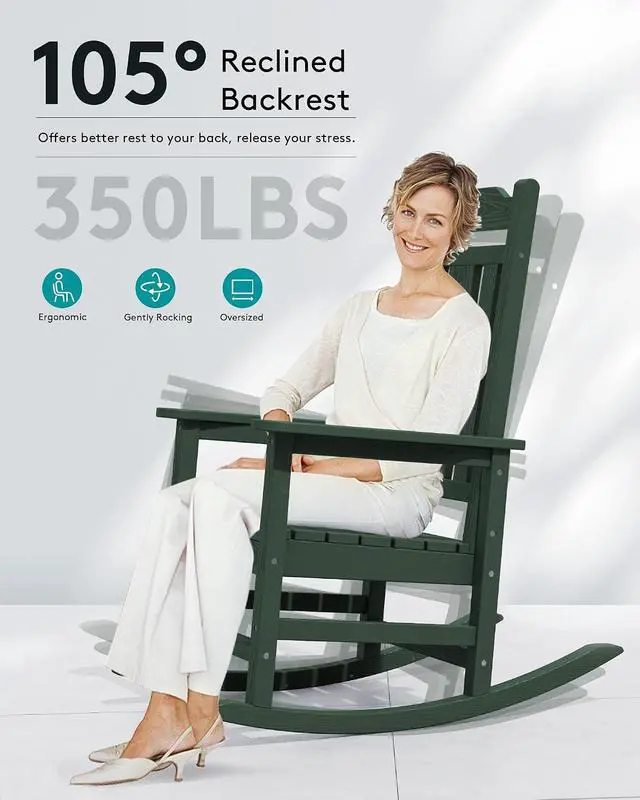 Alt view image 2 of 7 - Outdoor Rocking Chair, Patio Rocking Chairs for Porch, HDPE Rocking Chair Outdoor for Adults, Heavy Duty Front Porch Rocker, Green