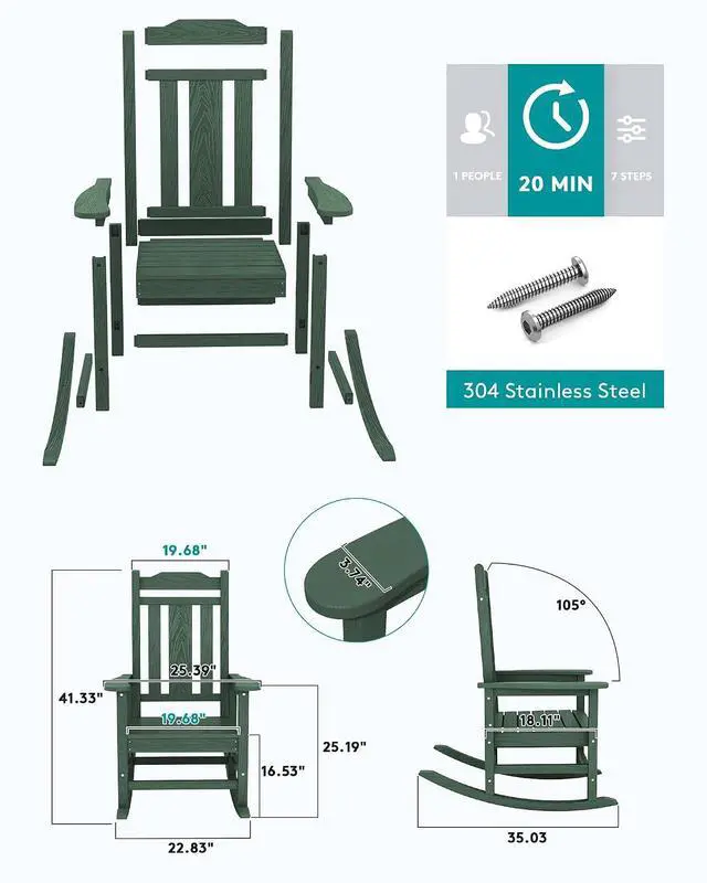 Alt view image 4 of 7 - Outdoor Rocking Chair, Patio Rocking Chairs for Porch, HDPE Rocking Chair Outdoor for Adults, Heavy Duty Front Porch Rocker, Green