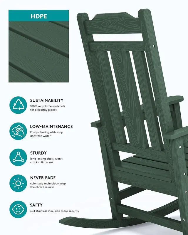 Alt view image 5 of 7 - Outdoor Rocking Chair, Patio Rocking Chairs for Porch, HDPE Rocking Chair Outdoor for Adults, Heavy Duty Front Porch Rocker, Green