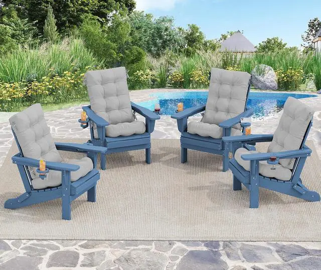 Main image of Folding Adirondack Chairs with Cushions - Set of 4, Memory Foam Cushions - Blue/Gray