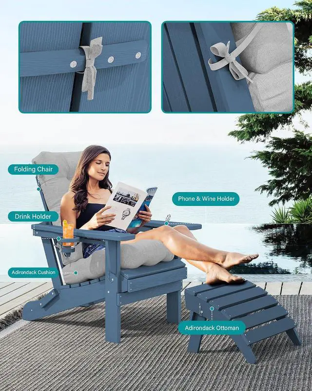 Alt view image 3 of 7 - Folding Adirondack Chairs with Cushions - Set of 4, Memory Foam Cushions - Blue/Gray