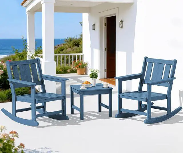 Main image of Outdoor Rocking Chairs Set of 2 with Side Table, All-Weather HDPE 3 Piece Patio Furniture Set, Outdoor Bistro Set with Umbrella Hole for Porch Deck Lawn Balcony, Navy