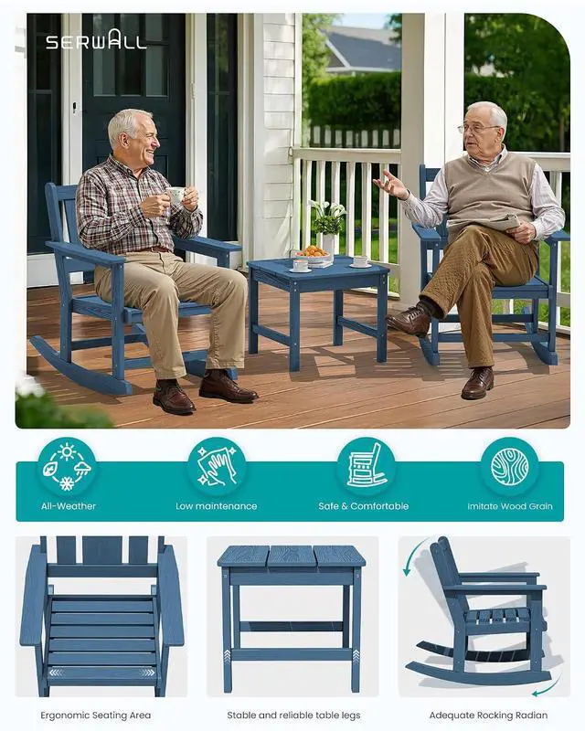 Alt view image 6 of 7 - HDPE Outdoor Rocking Chairs Set of 6, All Weather 4 Porch Rockers with 2 Side Tables, Waterproof Patio Conversation Set for Fire Pit, Garden, Backyard, Blue