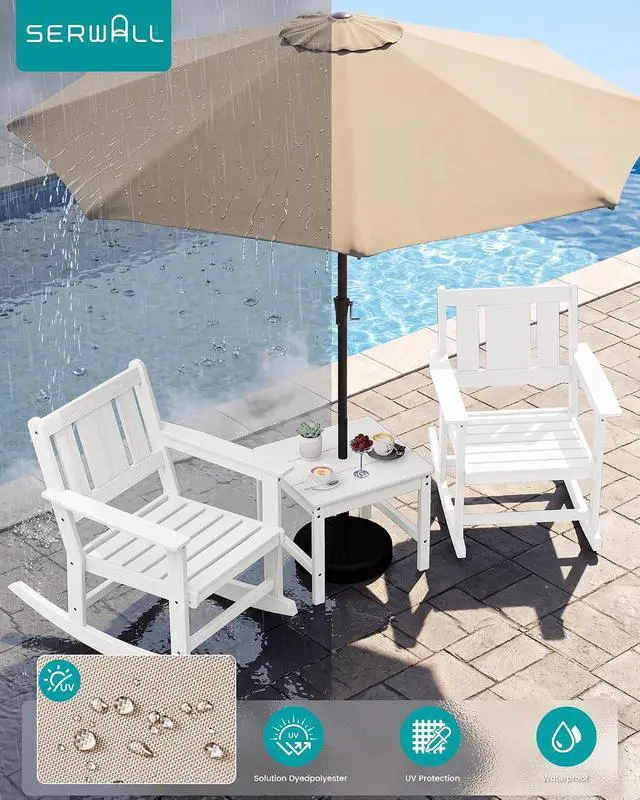 Alt view image 4 of 7 - Outdoor Rocking Chairs Set of 2 with 1 Side Table & 9ft Patio Umbrella, All-Weather HDPE 3 Piece Patio Furniture Set(Umbrella Base Not Included), White