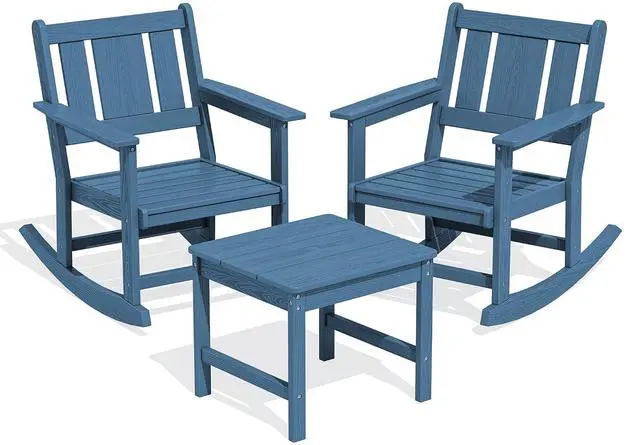 Alt view image 3 of 7 - Outdoor Rocking Chairs Set of 2 with Side Table, All-Weather HDPE 3 Piece Patio Furniture Set, Outdoor Bistro Set with Umbrella Hole for Porch Deck Lawn Balcony, Navy