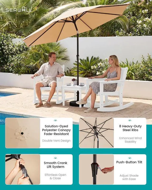Alt view image 3 of 7 - Outdoor Rocking Chairs Set of 2 with 1 Side Table & 9ft Patio Umbrella, All-Weather HDPE 3 Piece Patio Furniture Set(Umbrella Base Not Included), White