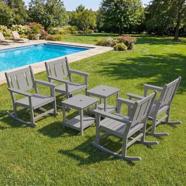 Main image of HDPE Outdoor Rocking Chairs Set of 6, All Weather 4 Porch Rockers with 2 Side Tables, Waterproof Patio Conversation Set for Fire Pit, Garden, Backyard, Grey