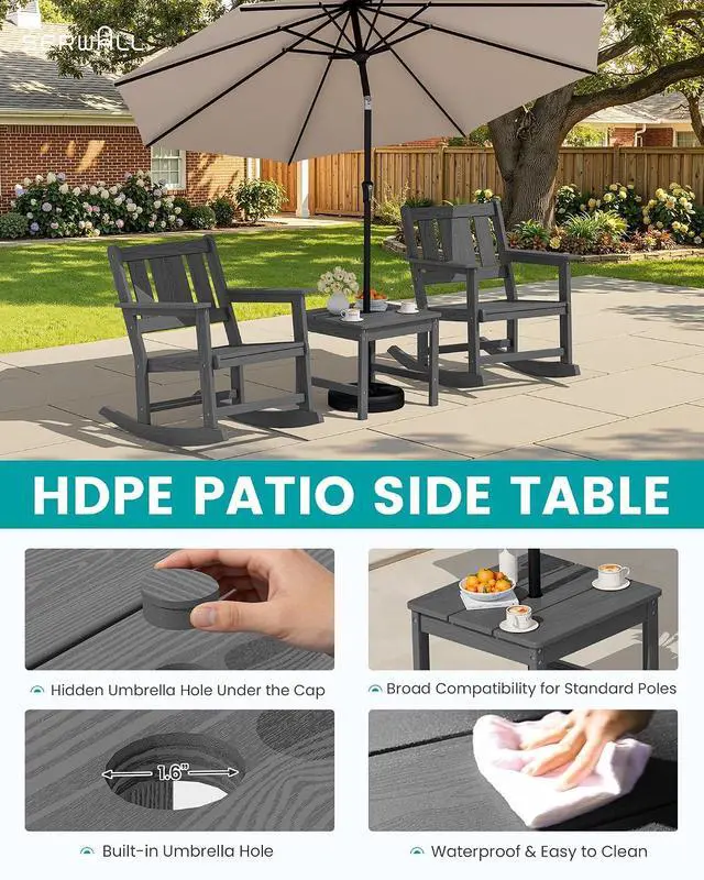 Alt view image 7 of 7 - HDPE Outdoor Rocking Chairs Set of 6, All Weather 4 Porch Rockers with 2 Side Tables, Waterproof Patio Conversation Set for Fire Pit, Garden, Backyard, Grey