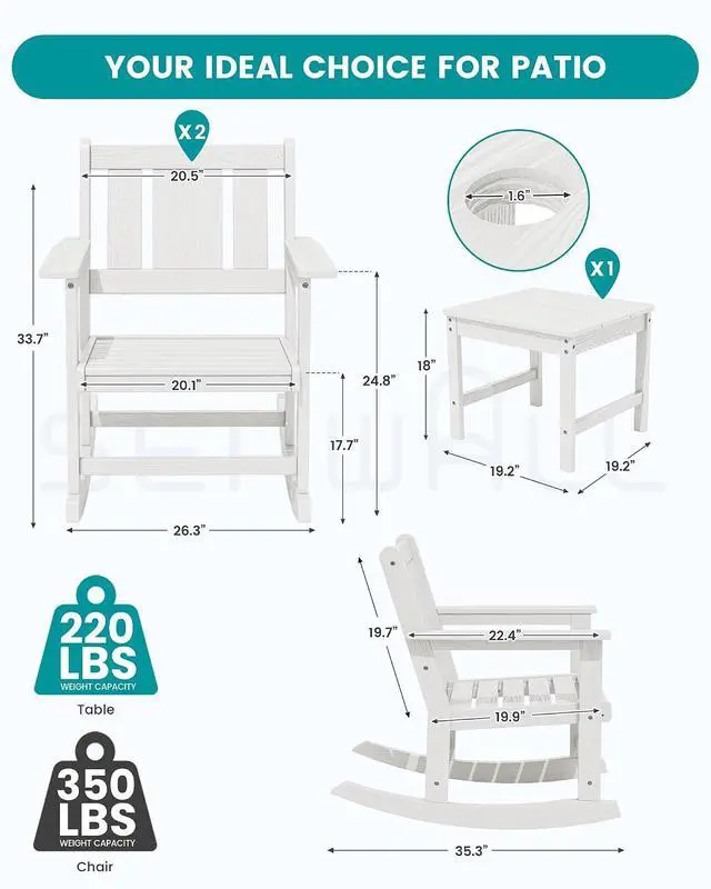Alt view image 2 of 7 - HDPE Outdoor Rocking Chairs Set of 6, All Weather 4 Porch Rockers with 2 Side Tables, Waterproof Patio Conversation Set for Fire Pit, Garden, Backyard, White