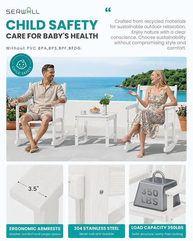 Alt view image 3 of 7 - HDPE Outdoor Rocking Chairs Set of 6, All Weather 4 Porch Rockers with 2 Side Tables, Waterproof Patio Conversation Set for Fire Pit, Garden, Backyard, White