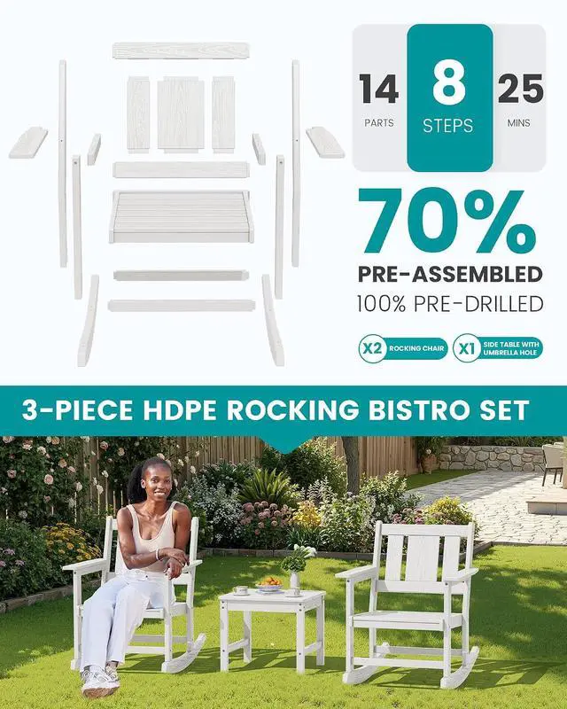 Alt view image 4 of 7 - HDPE Outdoor Rocking Chairs Set of 6, All Weather 4 Porch Rockers with 2 Side Tables, Waterproof Patio Conversation Set for Fire Pit, Garden, Backyard, White