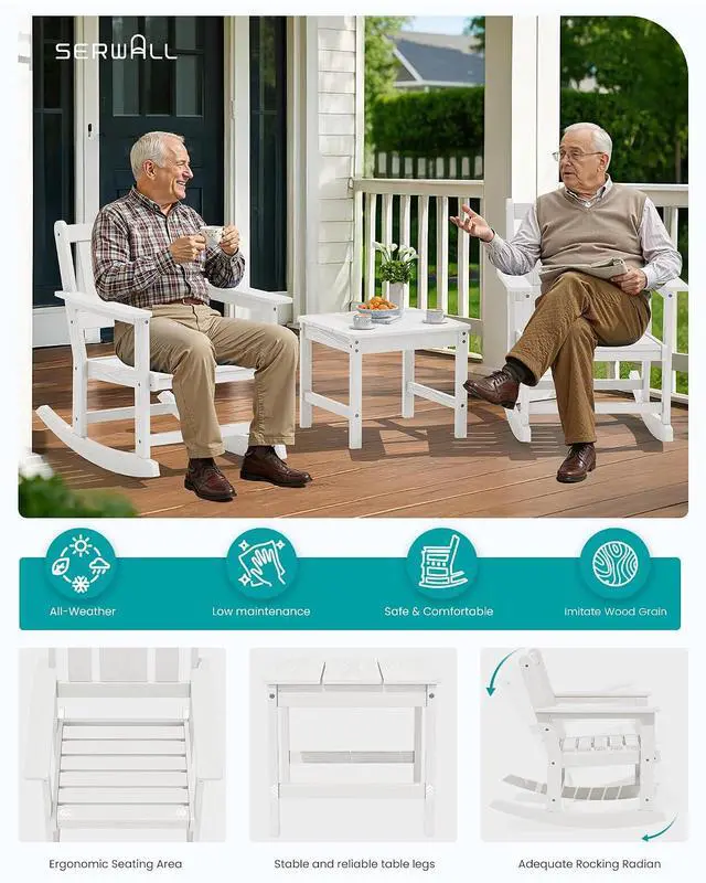 Alt view image 6 of 7 - HDPE Outdoor Rocking Chairs Set of 6, All Weather 4 Porch Rockers with 2 Side Tables, Waterproof Patio Conversation Set for Fire Pit, Garden, Backyard, White