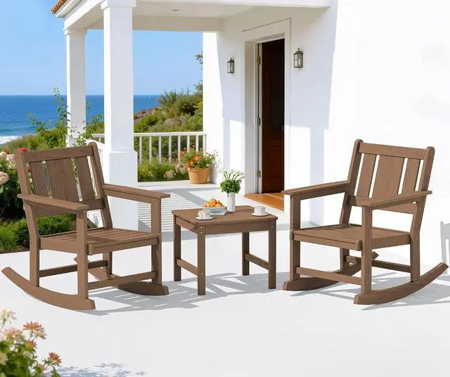 Main image of Outdoor Rocking Chairs Set of 2 with Side Table, All-Weather HDPE 3 Piece Patio Furniture Set, Patio Bistro Set with Pre-Drilled Umbrella Hole for for Porch Deck Lawn Balcony, Brown