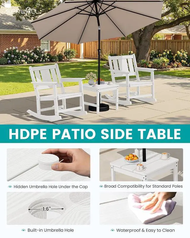 Alt view image 7 of 7 - HDPE Outdoor Rocking Chairs Set of 6, All Weather 4 Porch Rockers with 2 Side Tables, Waterproof Patio Conversation Set for Fire Pit, Garden, Backyard, White