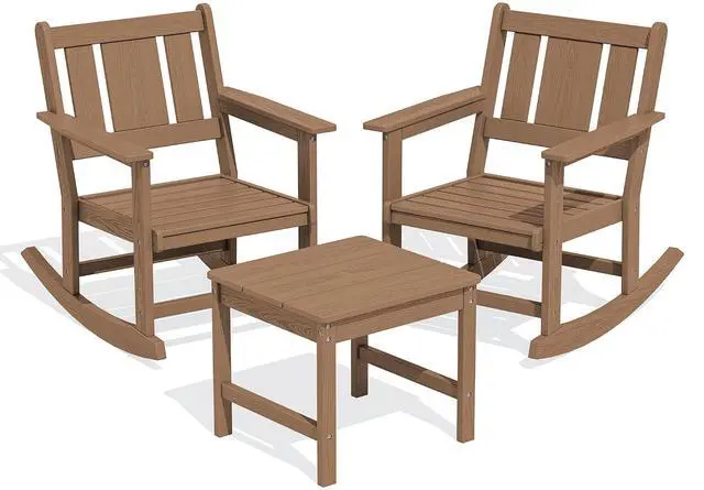 Alt view image 3 of 7 - Outdoor Rocking Chairs Set of 2 with Side Table, All-Weather HDPE 3 Piece Patio Furniture Set, Patio Bistro Set with Pre-Drilled Umbrella Hole for for Porch Deck Lawn Balcony, Brown