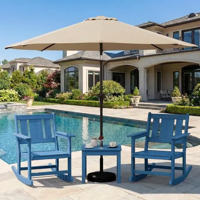 Main image of Outdoor Rocking Chairs Set of 2 with 1 Side Table & 9ft Patio Umbrella, All-Weather HDPE 3 Piece Patio Furniture Set(Umbrella Base Not Included), Blue