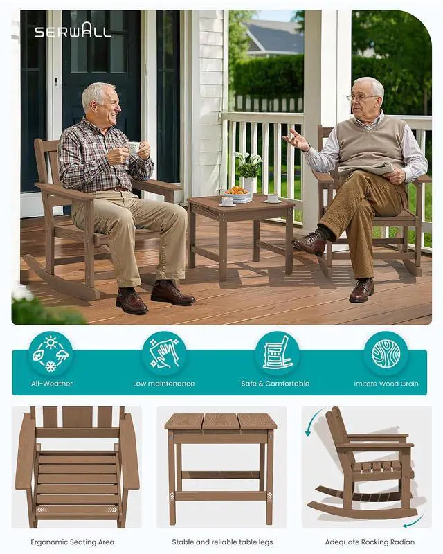 Alt view image 5 of 7 - Outdoor Rocking Chairs Set of 2 with Side Table, All-Weather HDPE 3 Piece Patio Furniture Set, Patio Bistro Set with Pre-Drilled Umbrella Hole for for Porch Deck Lawn Balcony, Brown