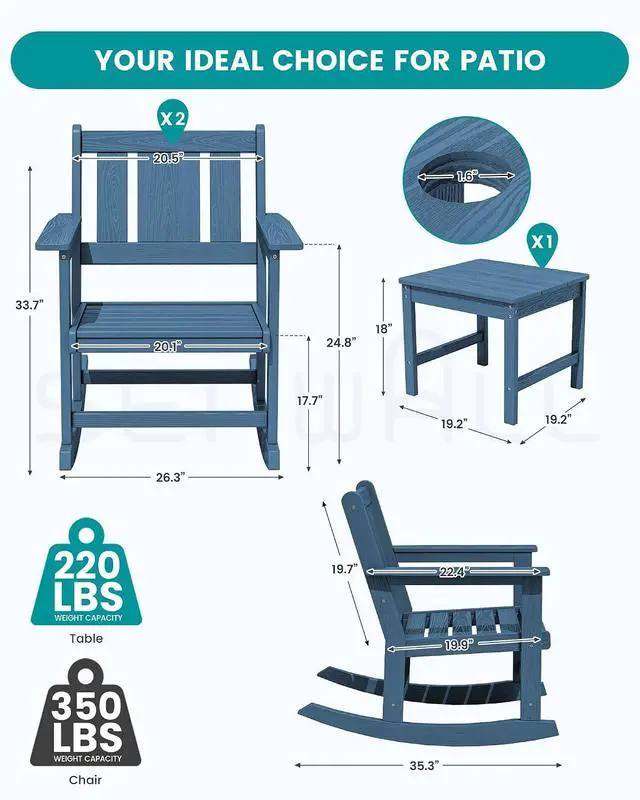Alt view image 2 of 7 - HDPE Outdoor Rocking Chairs Set of 6, All Weather 4 Porch Rockers with 2 Side Tables, Waterproof Patio Conversation Set for Fire Pit, Garden, Backyard, Blue