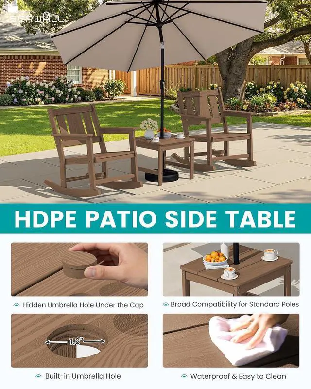 Alt view image 6 of 7 - Outdoor Rocking Chairs Set of 2 with Side Table, All-Weather HDPE 3 Piece Patio Furniture Set, Patio Bistro Set with Pre-Drilled Umbrella Hole for for Porch Deck Lawn Balcony, Brown