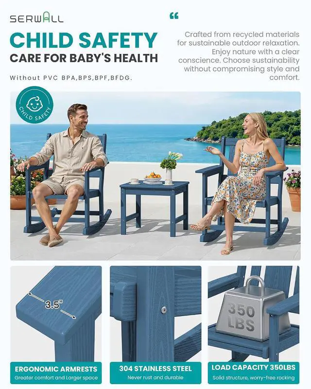 Alt view image 3 of 7 - HDPE Outdoor Rocking Chairs Set of 6, All Weather 4 Porch Rockers with 2 Side Tables, Waterproof Patio Conversation Set for Fire Pit, Garden, Backyard, Blue
