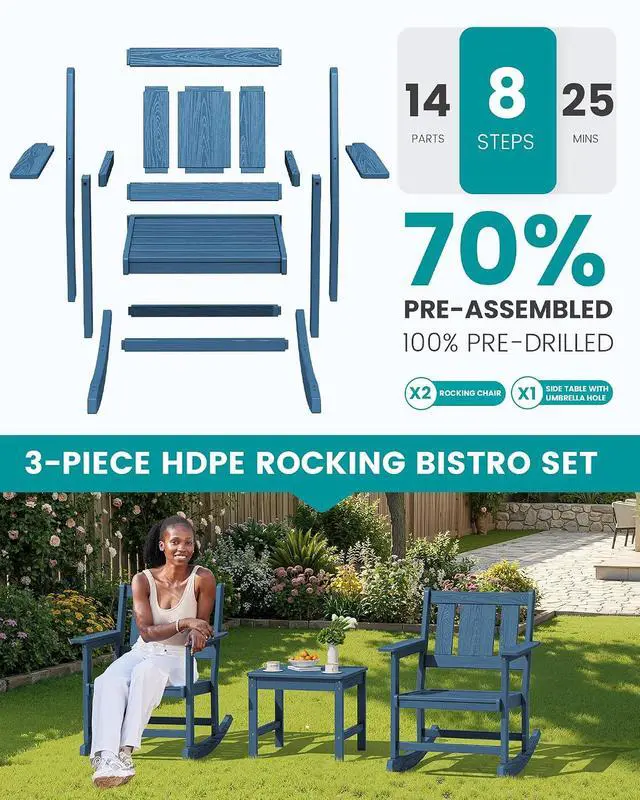 Alt view image 4 of 7 - HDPE Outdoor Rocking Chairs Set of 6, All Weather 4 Porch Rockers with 2 Side Tables, Waterproof Patio Conversation Set for Fire Pit, Garden, Backyard, Blue