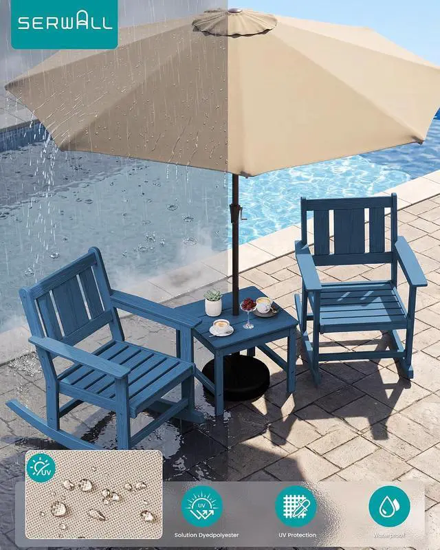 Alt view image 4 of 7 - Outdoor Rocking Chairs Set of 2 with 1 Side Table & 9ft Patio Umbrella, All-Weather HDPE 3 Piece Patio Furniture Set(Umbrella Base Not Included), Blue