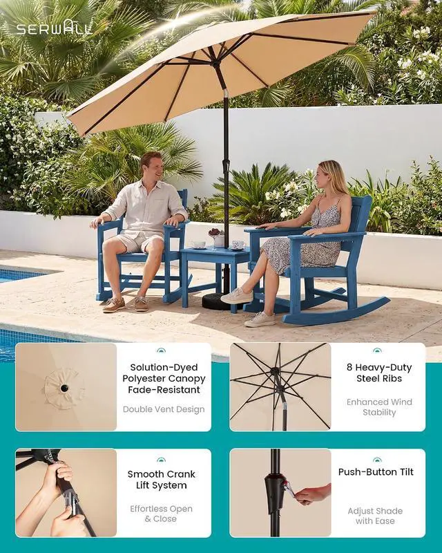 Alt view image 3 of 7 - Outdoor Rocking Chairs Set of 2 with 1 Side Table & 9ft Patio Umbrella, All-Weather HDPE 3 Piece Patio Furniture Set(Umbrella Base Not Included), Blue