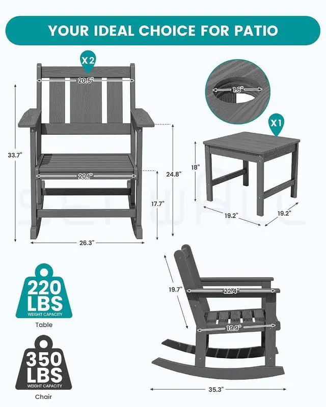 Alt view image 2 of 7 - Outdoor Rocking Chair Set of 2 with Side Table, All-Weather HDPE 3 Piece Patio Furniture Set, Outdoor Bistro Set with Pre-Drilled Hole for Porch Deck Lawn Balcony, Grey