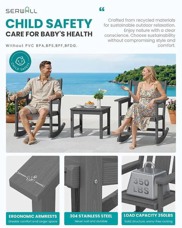 Alt view image 4 of 7 - Outdoor Rocking Chair Set of 2 with Side Table, All-Weather HDPE 3 Piece Patio Furniture Set, Outdoor Bistro Set with Pre-Drilled Hole for Porch Deck Lawn Balcony, Grey