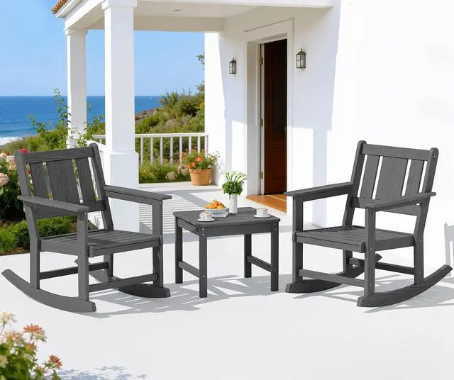 Main image of Outdoor Rocking Chair Set of 2 with Side Table, All-Weather HDPE 3 Piece Patio Furniture Set, Outdoor Bistro Set with Pre-Drilled Hole for Porch Deck Lawn Balcony, Grey