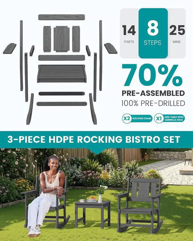 Alt view image 5 of 7 - Outdoor Rocking Chair Set of 2 with Side Table, All-Weather HDPE 3 Piece Patio Furniture Set, Outdoor Bistro Set with Pre-Drilled Hole for Porch Deck Lawn Balcony, Grey