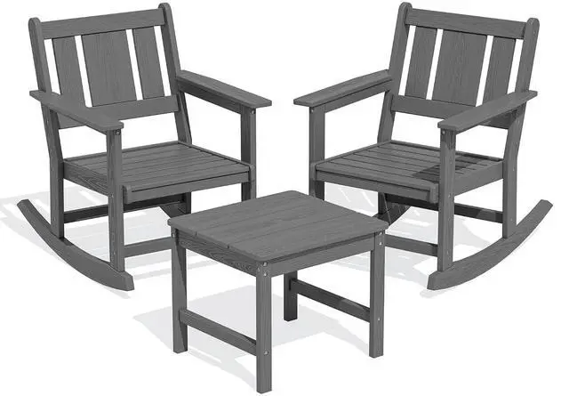 Alt view image 3 of 7 - Outdoor Rocking Chair Set of 2 with Side Table, All-Weather HDPE 3 Piece Patio Furniture Set, Outdoor Bistro Set with Pre-Drilled Hole for Porch Deck Lawn Balcony, Grey